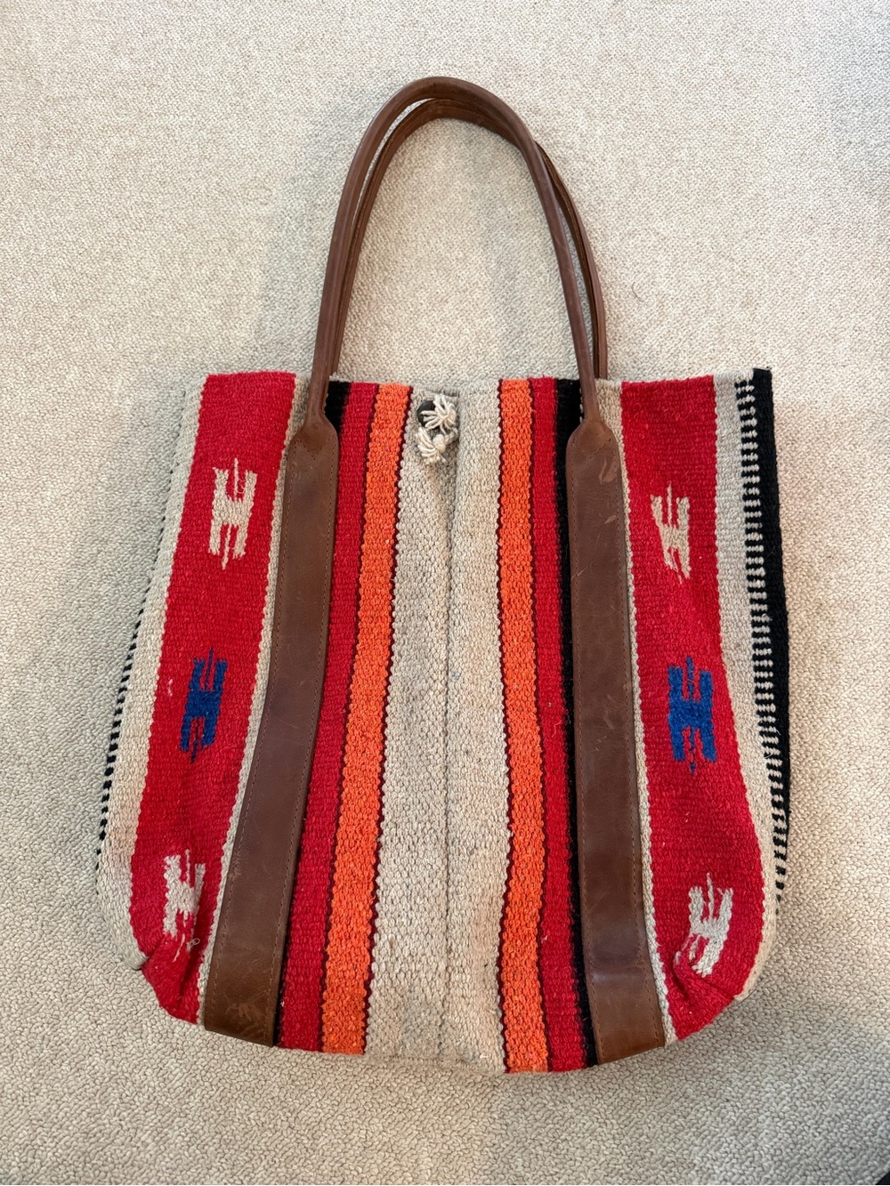 McFadin Southwestern Red & Cream Stripe Woven Tote with Brown Leather Handles